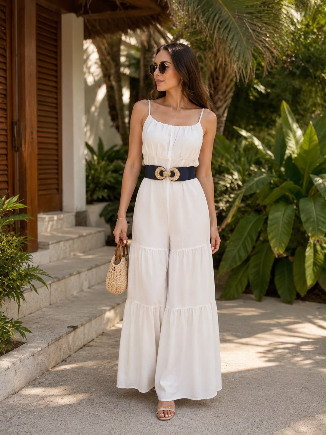 Luxy White Cotton Ivory Belt Jumpsuit