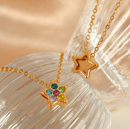 18K GOLD PLATED STARD AND STONES NECKLACE